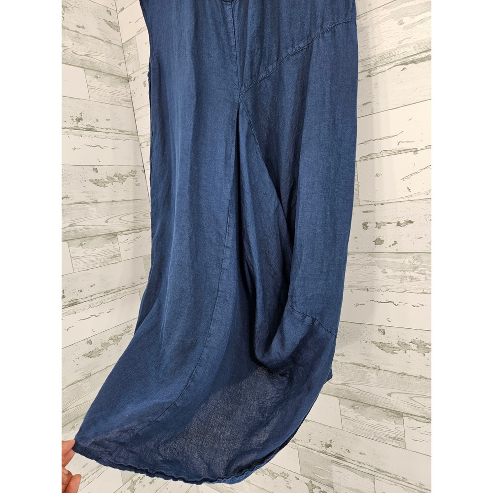Ellamoda Navy Blue 100% Linen V-Neck Sleeveless Draped Bubble Midi Dress Medium - Picture 2 of 7